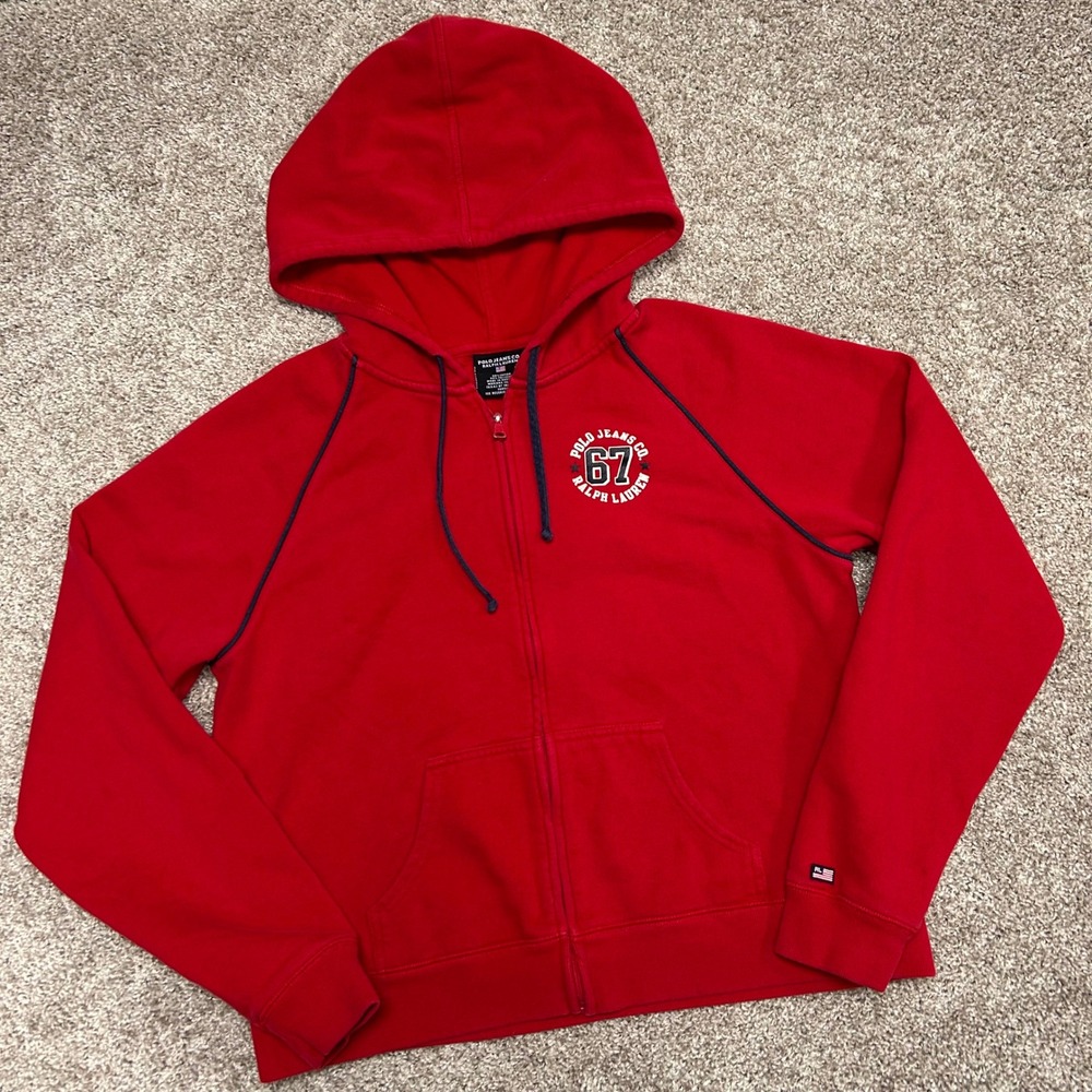 Vintage‎ Polo Jeans Co Ralph Lauren 67 Full Zip Hoodie Women XL (SMALL) Red